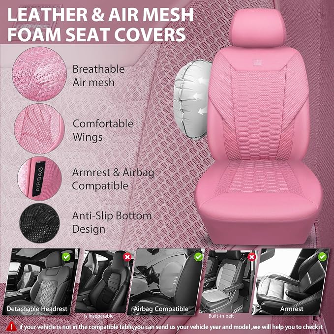 CAR PASS 3D Foam Mesh Leather Car Seat Covers Full Set, Pink Breathable Mesh Faux Leather Seat Covers for Women, Universal Fit for Car SUV Truck Sedan Automotive, Armrest Airbag Compatible, All Pink