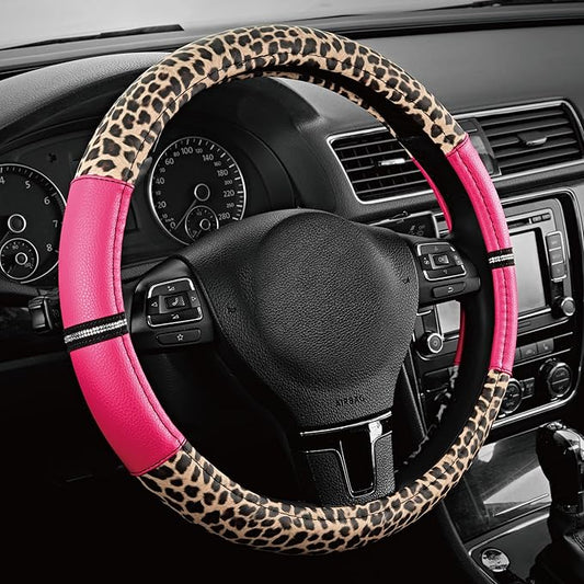 Road Comforts Leopard Steering Wheel Cover for Women, Cute Anti-Slip Microfiber Leather, Universal Fit 14.5-15 Inch Round Steering Wheel - HotPink