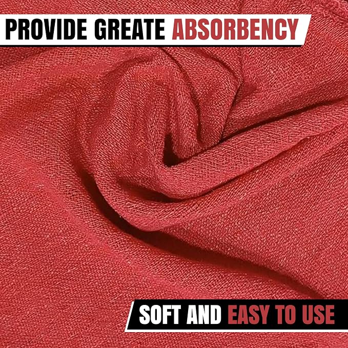 Auto Mechanic Shop Towels (13"x14"), 12 Pack Red - 100% Cotton Commercial Grade Rags for Cleaning & Maintenance, Garage Supplies - Professional Mechanics Reusable Wipes