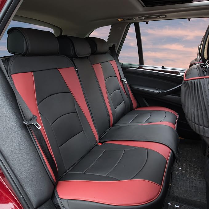 FH Group Ultra Comfort Highest Grade Faux Leather Full Set Cushion Pads Car Seat Covers for Front and Rear– Universal Fit for Cars Trucks & SUVs (Burgundy/Black)