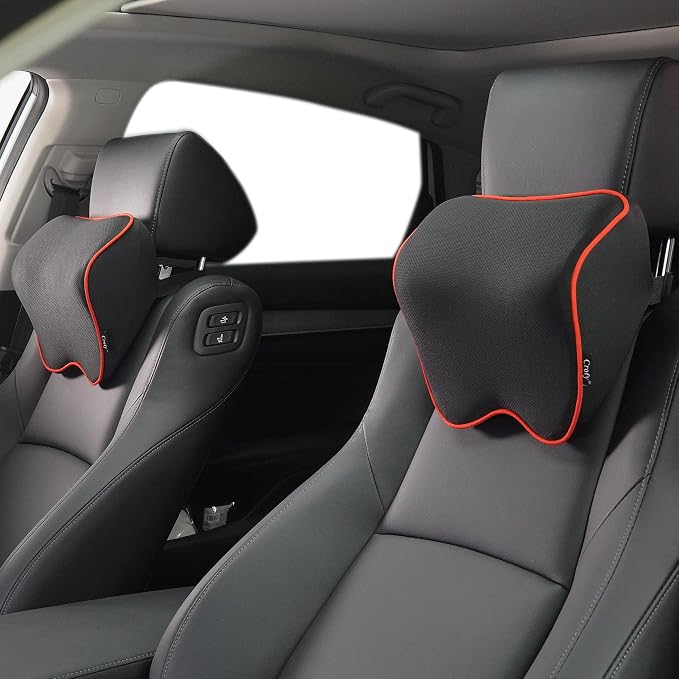 Crofy 2 Pack Car Neck Pillow, Softness Car Headrest Pillow for Driving with Adjustable Strap, 100% Memory Foam and Breathable Removable Cover, Comfortable Ergonomic Design, Black & Red