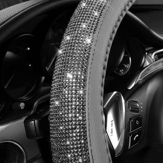 CAR PASS Bling Diamond Leather Steering Wheel Cover, with Bling Sparkly Crystal Glitter Rhinestones Universal Fit 14" 1/2-15" Car Wheel Protector for Women Girl Fit Suvs,Vans,Sedans,Cars,Trucks, Gray