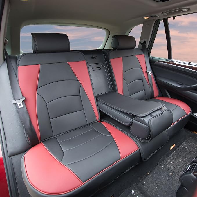 FH Group Back Seat Faux Leather Car Seat Cover, Universal Fit, Rear Seat Covers for Cars with Rear Split Bench, Car Interior Accessories for SUV, Sedan, Van, Burgundy/Black