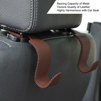 Amooca Car Seat Headrest Hook 4 Pack Metal Core Hanger Universal Car Storage Organizer for Handbag Purse Coat S Type Leather Brown