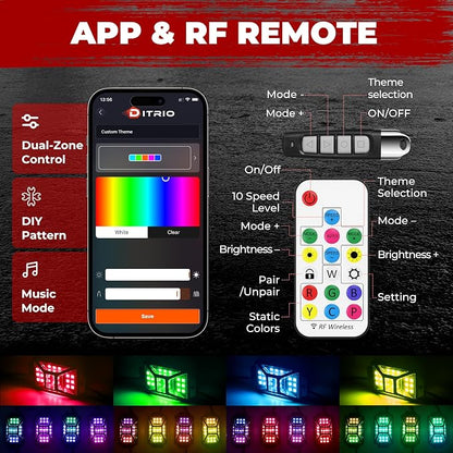 6 Pods Five Sided RGB Rock Lights for Trucks Jeep UTV SUV ATV Golf Cart, Multi Chasing Color App/Remote Control Led Rock Lights with Music Mode, Waterproof Exterior Underglow Kits for Cars