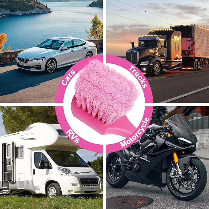 Pink Tire Brush for Women – 8.2" Soft Flagged-Tip Tire Cleaning Brush, Gentle on Wheels & Rims, Cars, Trucks & Motorcycles