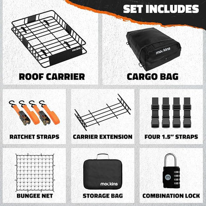 Mockins 64"x39"x6" Extendable Heavy Duty Roof Rack Basket & 16 Cu Ft Waterproof Cargo Bag for Top of Car | 250 Lbs Capacity Steel Rooftop Cargo Carrier for Top of Vehicle with Roof Basket Accessories
