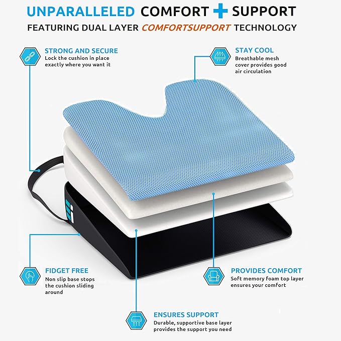 Memory Foam Car Seat Cushion for Driving - Ergonomic Wedge Cushion for Back Pain, Sciatica Relief - Non-Slip Truck Seat Pad for Long Sitting - Office Chair Support 17.5 x 15 x 3.5 (Pack of 2)