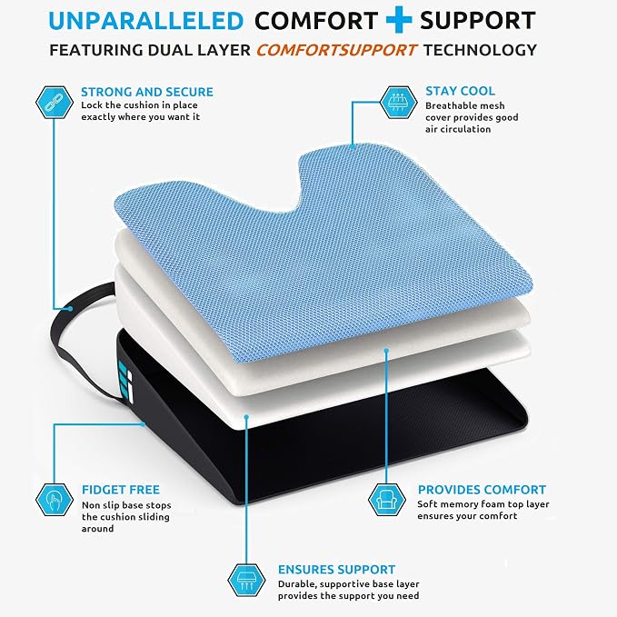 Premium Wedge Car Seat Cushion for Driving - Sciatica Seat Cushion for Car, Office, Home, Back Pain, Hip Support, Sciatica Pain Relief - Ergonomic Non-Slip Memory Foam Driving Pillow 17.5 x 15 x 3.5