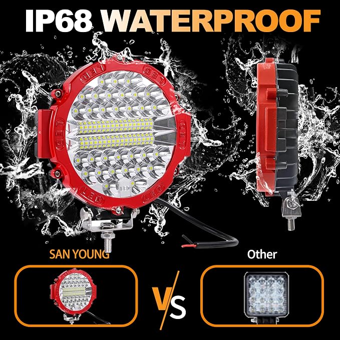 7 Inch Round LED Offroad Driving Lights for Trucks, 201W 12000lm LED Light Pods, Off Road Fog Lights Work Lights for Tractor Snowmobile Golf Cart ATV UTV RV Plower, 4 Pack with Wiring Harness, Red