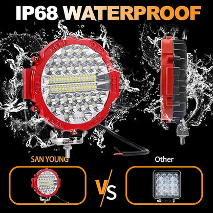 7 Inch Round LED Offroad Driving Lights for Trucks, 201W 12000lm LED Light Pods, Off Road Fog Lights Work Lights for Tractor Snowmobile Golf Cart ATV UTV RV Plower, 4 Pack with Wiring Harness, Red
