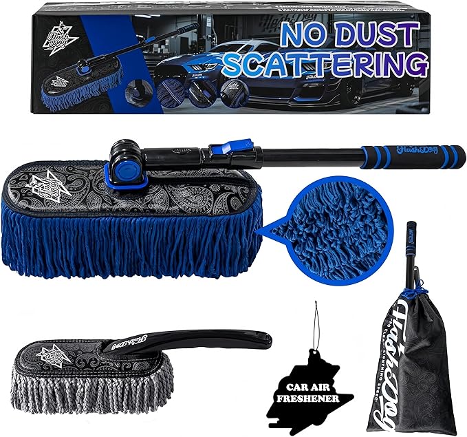 Flash Dog Car Duster Exterior & Interior Duster Aluminum Alloy Extendable Handle and Wax Cotton Strands Scratch-Free Cleaning for Cars, SUVs, RVs | Waterless Dust & Pollen Remover