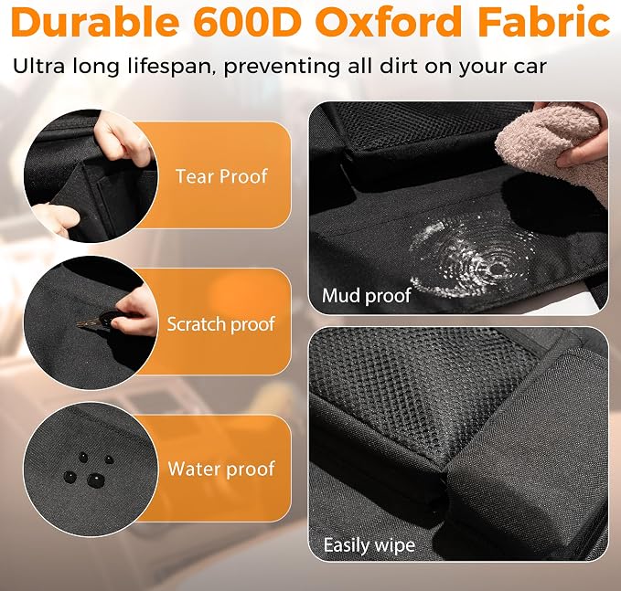 Backseat Car Organizer with Tray, 9 Storage Pockets Back Seat Protector with Foldable Tablet Holder, Waterproof Back of Seat Kick Mats for Kids Adult, Travel Accessories, Gray