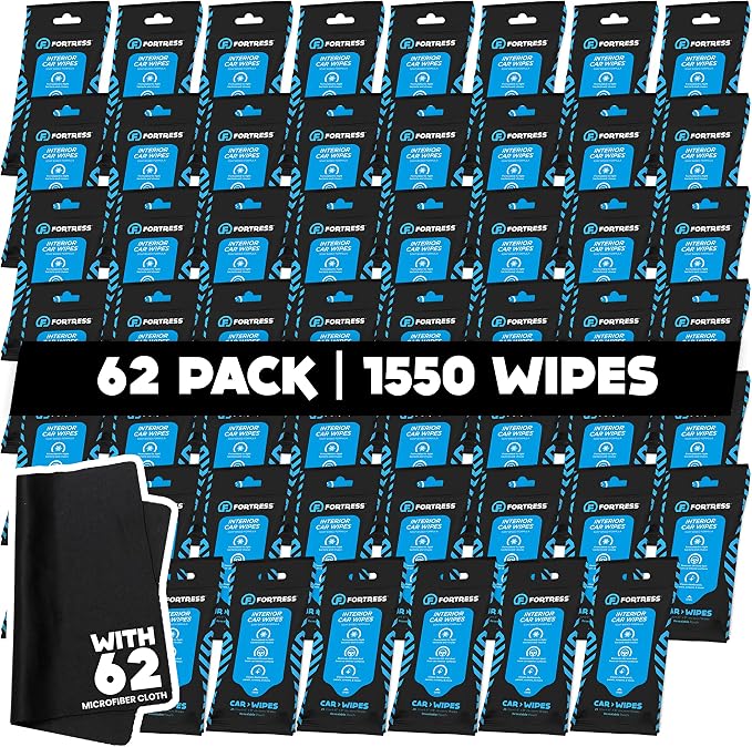 Fortress Car Interior Wipes with Microfiber Cloth (25 ct, Pack of 62) for Car Interior Cleaning, Dashboard, Seats, Detailing, and Steering Wheel [Travel Size] Skin-Safe Car Interior Cleaner Supplies