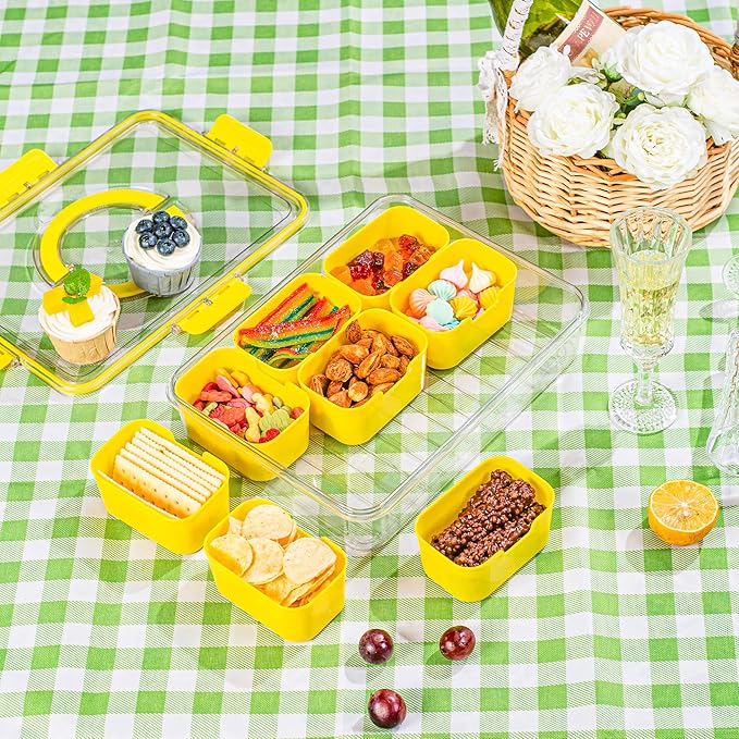 WACOI Divided Snack Serving Tray with Lid and Handle Travel Snackle Charcuterie Container Portable Storage Organizer for Candy, Fruits, Nuts, Snacks, Party, Picnic (1pack, Yellow)