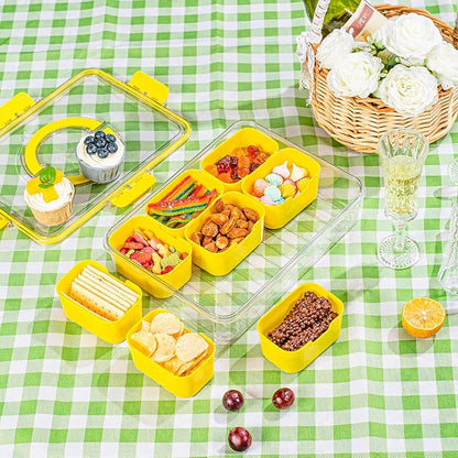 WACOI Divided Snack Serving Tray with Lid and Handle Travel Snackle Charcuterie Container Portable Storage Organizer for Candy, Fruits, Nuts, Snacks, Party, Picnic (1pack, Yellow)