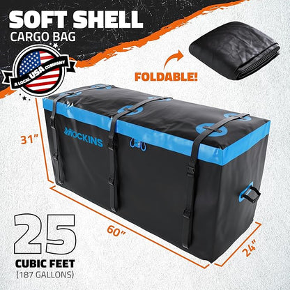 Mockins 25 Cu Ft Large Weatherproof Trailer Hitch Cargo Carrier Bag Set | 60"x24"x31" Waterproof Cargo Bag for Hitch Carrier & Truck Bed | Vinyl Vehicle Soft-Shell Carriers w/ Straps, Lock & Case