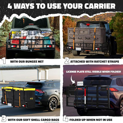 Mockins 60"x24"x14" High Rail Trailer Hitch Cargo Carrier w/Plate Bracket | All-Weather 500 Lbs. Cap Folding Luggage Rack for SUV Car & Truck | Cargo Racks for Trailer Hitch Storage w/ Accessories