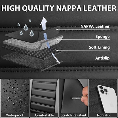 CAR PASS Nappa Leather Car Seat Covers Full Set, Luxury Seat Protector for Cars, Waterproof Anti-Slip Seat Cushion Armrest Compatible Airbag Universal for Sedan SUV Pick-up Truck Auto, Black Gray
