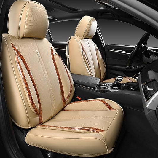 CAR PASS Beige Leather Car Seat Covers, Breathable Waterproof Nappa Automotive Seat Covers Full Set, Anti-Slip Driver Seat Cushion with Backrest Universal Fits SUV Pick-up Truck Sedan, Wood Grain