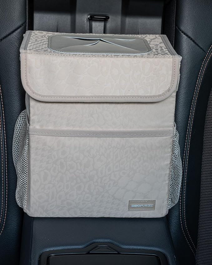 SIBOFUEGO Car Trash Can - Cute Multifunctional Interior Car Accessory for Women, Organizer and Storage with Adjustable Straps, 2 Gallons (Leopard Print Beige)