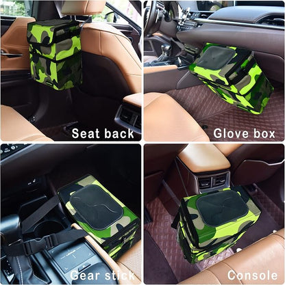 SIBOFUEGO Cute Car Trash Can with Lid – Multipurpose Collapsible Trash Bin for Car, Leak-Proof Organizer, Waterproof Garbage Can with Storage Pockets & Adjustable Straps, 2 Gallons (Camo Green)