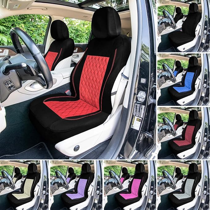 Universal Fit Diamond Stitched Flat Cloth Car Seat Covers Full Set - Burgundy