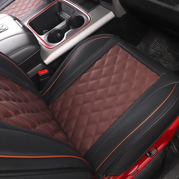 JOJOBAY Car Seat Covers for Dodge Ram,Fit 2009-2025 1500/2500/3500 HD Pick-up Truck,Crew,Regular,Quad,Mega Cab,Waterproof Synthetic Leather Seat Covers(5PCS-Full Set,Black-Brown)