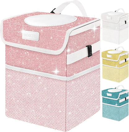 Cute Mini Car Trash Bag with Lid, Glitter Garbage Can Bin Hanging for Back/Front Seat/Console, Waterproof, Leakproof, 2.5 Gallon, Pink Bling Sparkly