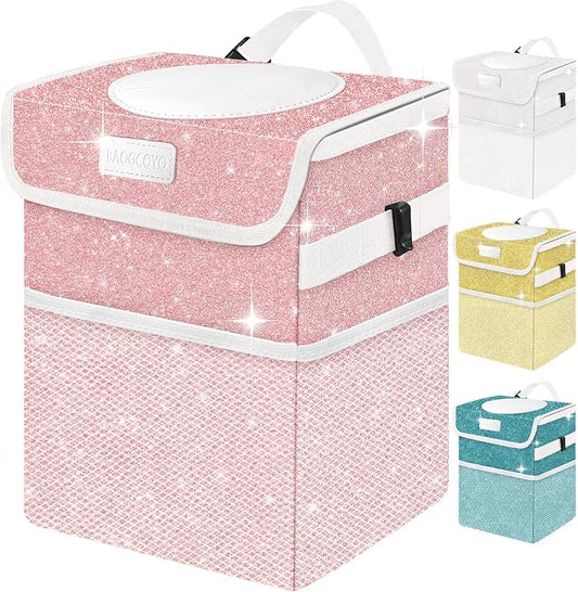 Cute Mini Car Trash Bag with Lid, Glitter Garbage Can Bin Hanging for Back/Front Seat/Console, Waterproof, Leakproof, 2.5 Gallon, Pink Bling Sparkly