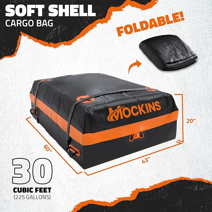 Mockins 30 Cu Ft Car Roof Cargo Carrier Bag for Top of Car Storage | 60"x43"x20" Waterproof Soft-Shell 840D Roof Bag | No Rack Rooftop Cargo Carrier with Mesh Mat, Lock, Hooks, & Straps