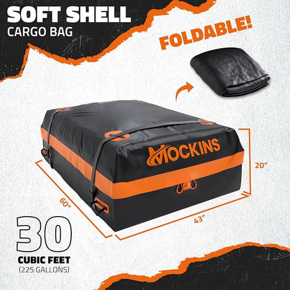 Mockins 30 Cu Ft Car Roof Cargo Carrier Bag for Top of Car Storage | 60"x43"x20" Waterproof Soft-Shell 840D Roof Bag | No Rack Rooftop Cargo Carrier with Mesh Mat, Lock, Hooks, & Straps
