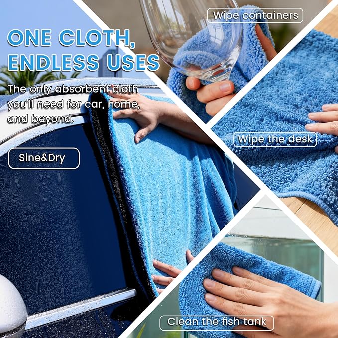 PUGPIU Car Drying Towel - 1400GSM Extra Large Super Absorbent Microfiber Towels for Cars 24"x36" - Large Edgeless with Twisted Loop, Lint-Free & Streak-Free for Auto Detailing, SUV, Truck (Blue)