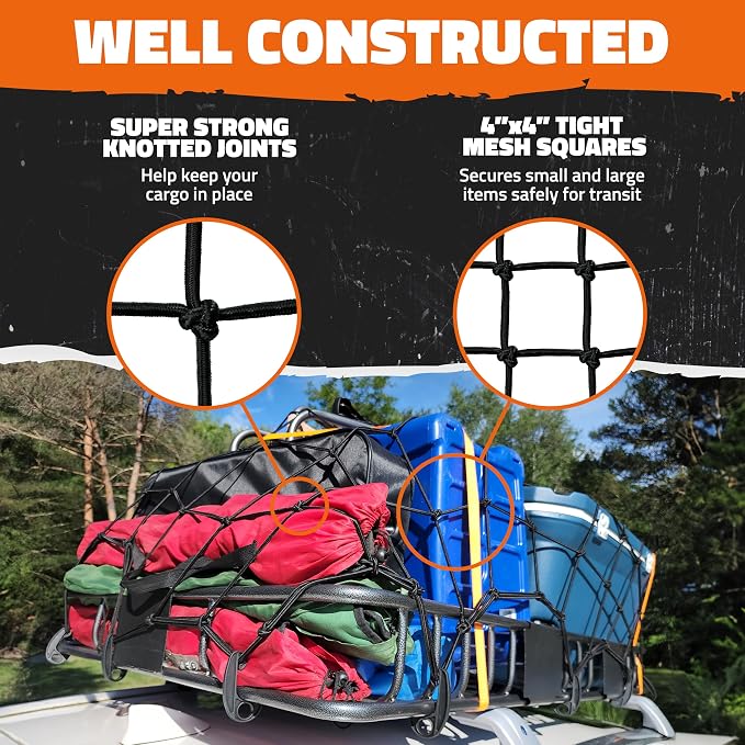 Mockins 39"x36" Elastic Cargo Net for Pickup Truck Bed, Cargo Racks & More | 6mm Thick Bungee Net with Hooks | Automotive Cargo Nets Stretching Up to 80"x75" | 4"x4" Heavy Duty Netting for Payloads