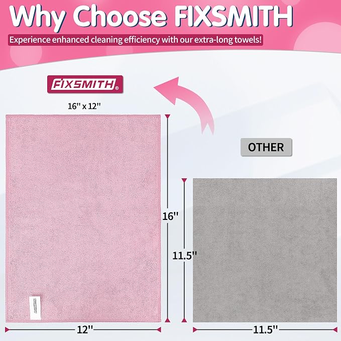 FIXSMITH Pink Microfiber Cleaning Cloth -Pack of 12, Highly Absorbent Cleaning Rags, 16"X12" All Purpose Cleaning Towels for Housekeeping, Kitchen, Car, Lint Free and Reusable Microfiber Towels