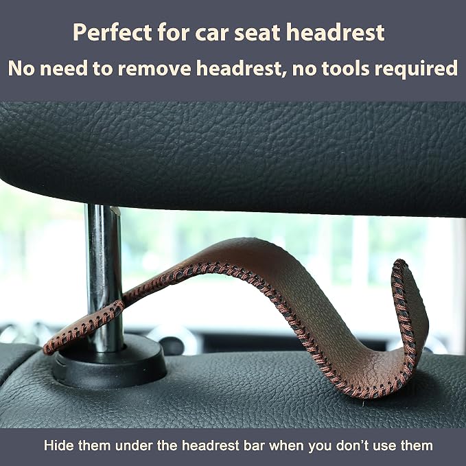 Amooca Car Seat Headrest Hook 4 Pack Metal Core Hanger Universal Car Storage Organizer for Handbag Purse Coat S Type Leather Brown