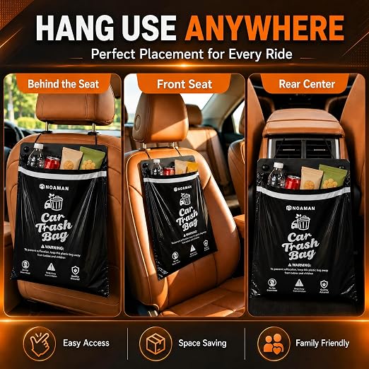 Noaman 2Pack 50PCS Car Trash Bags, 2.5 Gal Leakproof & Smell Proof. Heavy-Duty Garbage Bags for car, SUV, Truck, RV. Stick-on or Headrest Mount. Alternative to Car Trash Can. Black