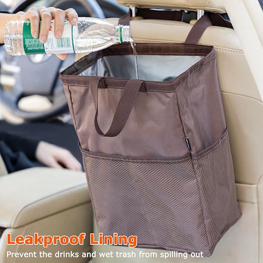 Ginsco New Leak-Proof Travel Car Trash Bag, 3.5 Gallons Large Capacity Hanging Car Trash Can with Hook and Loop Lid and Handle, Multipurpose Trash Bin with Storage Pockets for SUV RV Camping (Brown)
