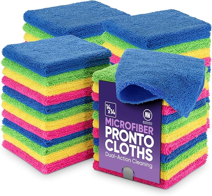 Microfiber Wholesale Pronto Cloths, Dual-Sided Microfiber Cleaning Towels, Soft Plush & Scrub Cloths for Dusting, Scrubbing, Kitchen, Windows & Car Detailing, Absorbent Bulk 50-Pack Multicolor