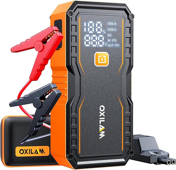 OXILAM 24000mAh Jump Starter for All Gas & Diesel Engines, 10000A Battery Jumper Starter Portable, 12V Jump Box with Quick Charger, Extended Jumper Cable, LED Display, USB, DC, Type C Port & LED Light