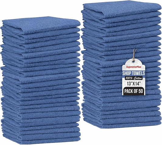 Shop Towels (Blue, 50-Pack) - Bulk Cleaning Towel in a Bag, Mechanic Cotton Wipes for Car Maintenance, Auto Mechanics & Garage, Wipe Grease & Oil, Machine Wash & Reusable