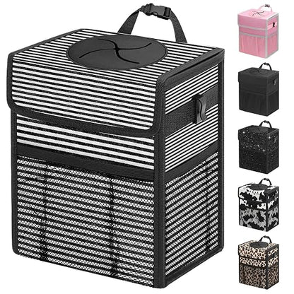 Capolo Car Trash Can with Lid, Leakproof Car Trash Bag Hanging Waterproof Automotive Garbage Can with Storage Pockets Mini Vehicle Trash Bin for Back/Front Seat(Stripe,2.5 Gallon)