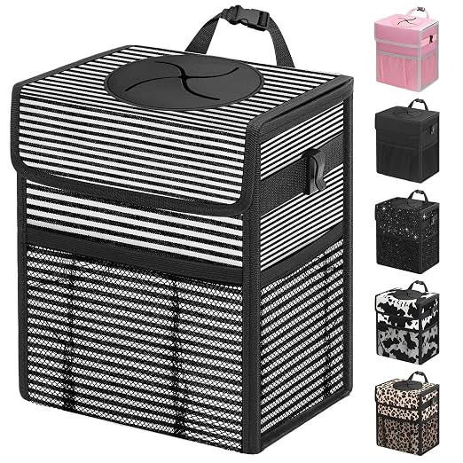 Capolo Car Trash Can with Lid, Leakproof Car Trash Bag Hanging Waterproof Automotive Garbage Can with Storage Pockets Mini Vehicle Trash Bin for Back/Front Seat(Stripe,2.5 Gallon)