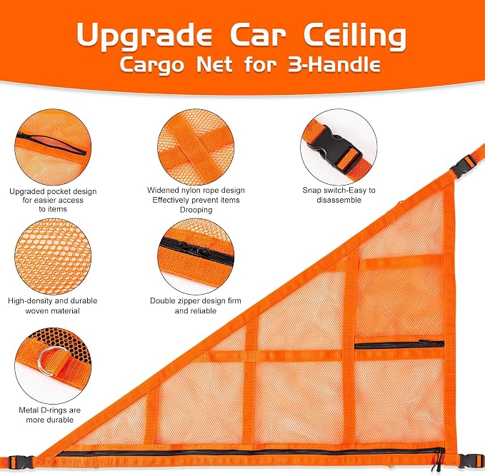 3 Handles Car Ceiling Cargo Net for Inside Car Roof,Interior Mesh Storage,Truck SUV Travel Long Road Trip Camping Interior Accessories 35.4"x25.6",Orange
