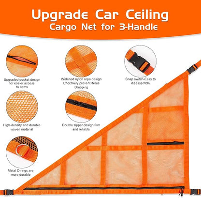 3 Handles Car Ceiling Cargo Net for Inside Car Roof,Interior Mesh Storage,Truck SUV Travel Long Road Trip Camping Interior Accessories 35.4"x25.6",Orange