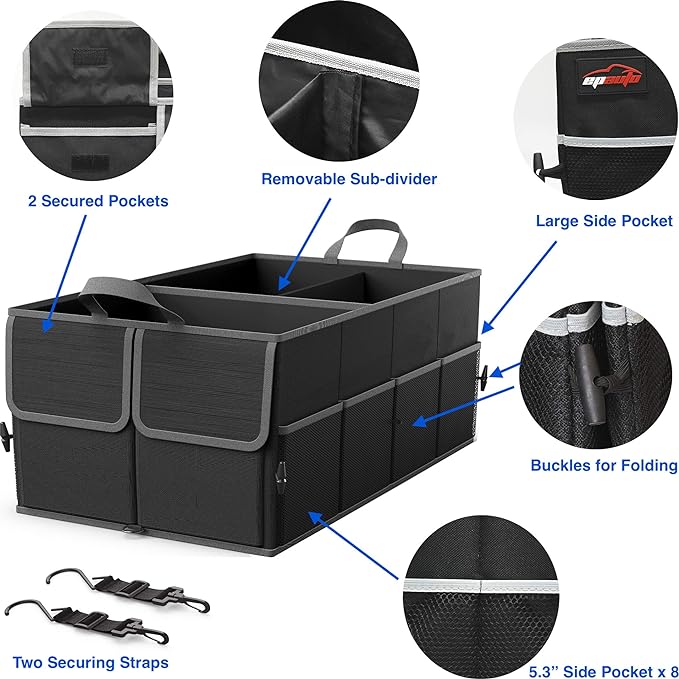 EPAuto Foldable Car Trunk Organizer, 3-Compartment with Removable Divider, Black
