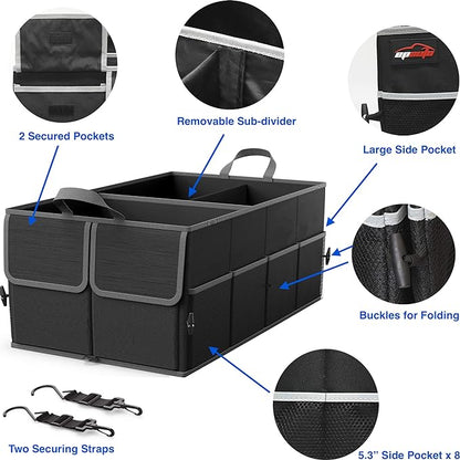EPAuto Foldable Car Trunk Organizer, 3-Compartment with Removable Divider, Black