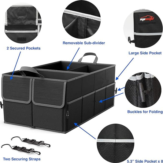 EPAuto Foldable Car Trunk Organizer, 3-Compartment with Removable Divider, Black
