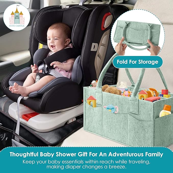 Cute Castle 2 Pack Diaper Caddy Organizer - Portable Baby Caddy Organizer with Handle, Nursery Storage Bin and Car Organizer for Girls, Boys - Baby Gift Basket - Green