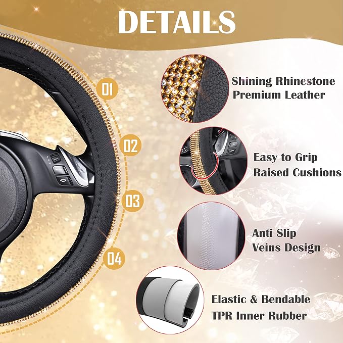 CAR Pass Rhinestones Diamond Bling Steering Wheel Cover, Universal Fit for SUV,Vans,Sedan,Car,Truck 14.5-15inch Universal Fit (Golden) Crystal Glitter for Women Sparkle Girly Sparkling Gold Shining